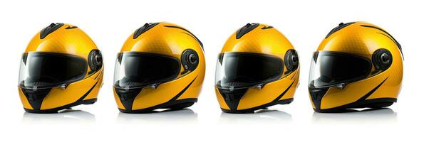 Set collection of yellow motorcycle carbon integral crash helmet isolated on white background. Generative Ai photo