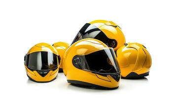 Set collection of yellow motorcycle carbon integral crash helmet isolated on white background. Generative Ai photo