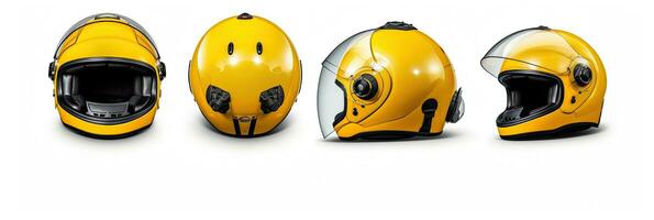 Set collection of yellow motorcycle carbon integral crash helmet isolated on white background. Generative Ai photo