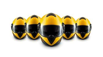 Set collection of yellow motorcycle carbon integral crash helmet isolated on white background. Generative Ai photo