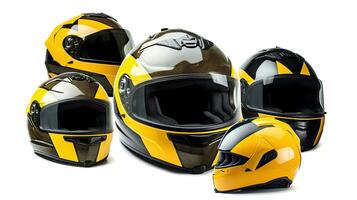 Set collection of yellow motorcycle carbon integral crash helmet isolated on white background. Generative Ai photo