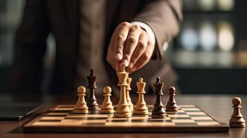 Close up of hands of a business man moving king golden chess to defeat  opponent the chess game is development analysis, strategy, and plan, the  management or leadership concept. 22804709 Stock Photo