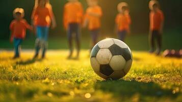 grupo de joven niños jugadores partido en fútbol campo. niños fútbol fútbol. generativo ai foto