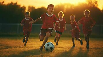 grupo de joven niños jugadores partido en fútbol campo. niños fútbol fútbol. generativo ai foto