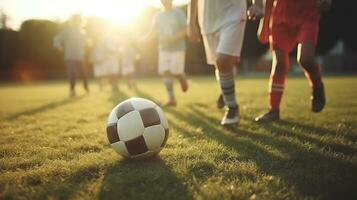 grupo de joven niños jugadores partido en fútbol campo. niños fútbol fútbol. generativo ai foto