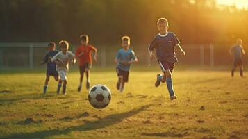 grupo de joven niños jugadores partido en fútbol campo. niños fútbol fútbol. generativo ai foto