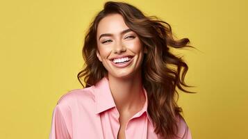 A happy beauty business girl, who is smiling and laughing wearing bright clothes on bright solid light color background. Generative Ai photo