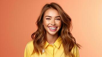 A happy beauty business girl, who is smiling and laughing wearing bright clothes on bright solid light color background. Generative Ai photo