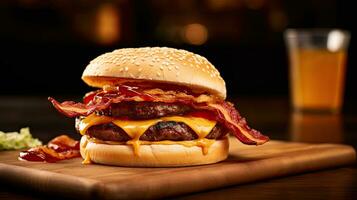 Bacon burger with beef patty on red wooden table. Generative Ai photo