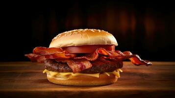 Bacon burger with beef patty on red wooden table. Generative Ai photo
