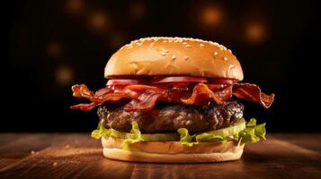 Bacon burger with beef patty on red wooden table. Generative Ai photo