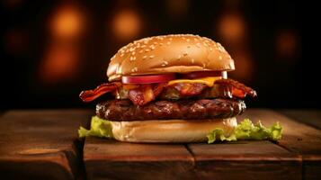 Bacon burger with beef patty on red wooden table. Generative Ai photo