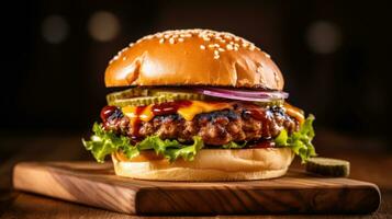 Close up of homemade beef burger on wooden table. Generative Ai photo