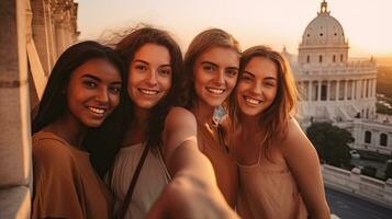 grupo de contento hembra amigos tomando selfie con inteligente móvil teléfono dispositivo a Roma, Italia punto de referencia. generativo ai foto