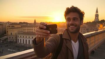 Happy tourist young man taking selfie in front of Rome, Italy landmark. Travel and holidays concept. Generative Ai photo