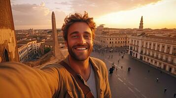 Happy tourist young man taking selfie in front of Rome, Italy landmark. Travel and holidays concept. Generative Ai photo