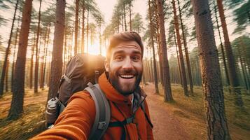 Happy traveler man with backpack taking selfie picture in the forest. Travel blogger or Freelance, Life style and technology concept. Generative Ai photo