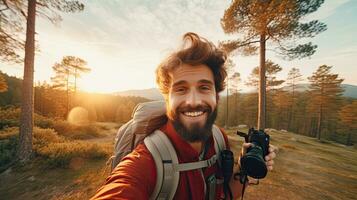 Happy traveler man with backpack taking selfie picture in the forest. Travel blogger or Freelance, Life style and technology concept. Generative Ai photo