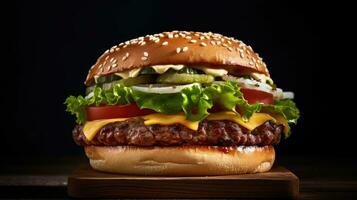 Traditional handmade burger with meat, cheese, lettuce, dressing and bread on dark background. Generative Ai photo