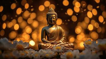 Glowing Lotus flowers and gold buddha statue in nature. Generative Ai photo