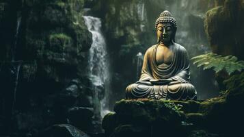 Buddha statue at the waterfall in nature. Generative Ai photo