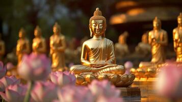 brillante loto flores y oro Buda estatua en naturaleza. generativo ai foto