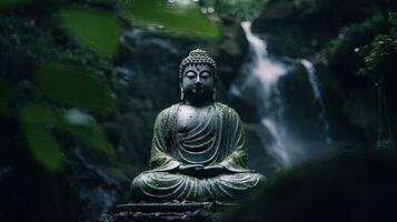 Buddha statue at the waterfall in nature. Generative Ai photo