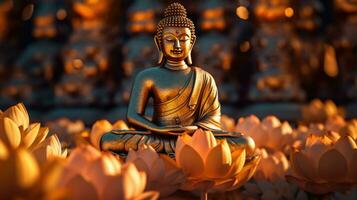 Glowing Lotus flowers and gold buddha statue in nature. Generative Ai photo