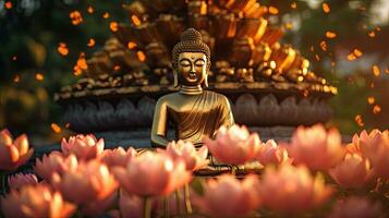 Glowing Lotus flowers and gold buddha statue in nature. Generative Ai photo