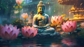 Glowing Lotus flowers and gold buddha statue in nature. Generative Ai photo