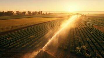 aéreo ver de a agrícola irrigación sistema en patata campo, riego cosecha para más crecimiento. centrar pivote sistema irrigación. riego cosecha en campo a granja. generativo ai foto