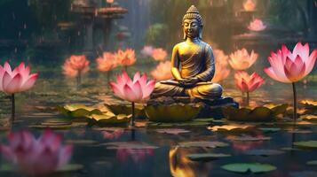 Glowing Lotus flowers and gold buddha statue in nature. Generative Ai photo