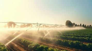 agrícola irrigación sistema, automatizado agricultura sistema con grande irrigación aspersores pulverización agua terminado en patata campo. generativo ai foto