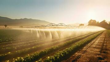 agrícola irrigación sistema, automatizado agricultura sistema con grande irrigación aspersores pulverización agua terminado en patata campo. generativo ai foto