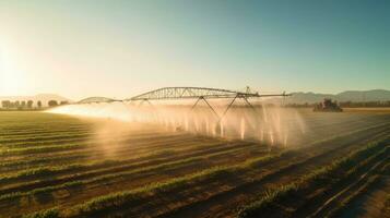 agrícola irrigación sistema, automatizado agricultura sistema con grande irrigación aspersores pulverización agua terminado en patata campo. generativo ai foto