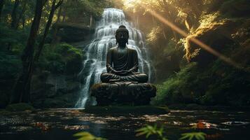 Buddha statue at the waterfall in nature. Generative Ai photo