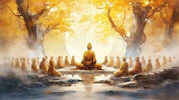 Buddha Enlightenment meditating sitting with crowd of monk under bodhi tree. Makha Bucha Day. Generative Ai photo