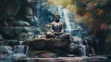 Meditating buddha on a rock at the waterfall in nature. Generative Ai photo