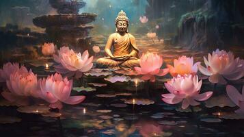 Glowing Lotus flowers and gold buddha statue in nature. Generative Ai photo