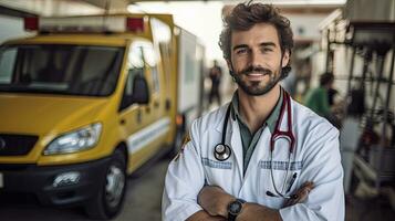 a Smiling young female doctor looking at camera and arm crossed front of ambulance ready to handle emergencies and treat patients. Generative Ai photo