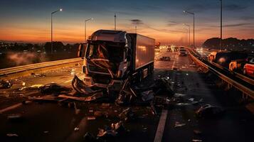 Accident of Truck collision on the expressway. Generative Ai photo