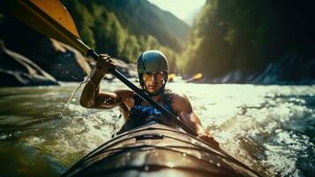 cerca arriba de un masculino en kayac navegación en un montaña río. extremo deporte kayac. generativo ai foto