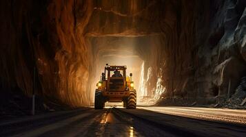 túnel excavador a perforar un la carretera mediante el montañas. la carretera construcción. generativo ai foto