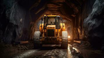 túnel excavador a perforar un la carretera mediante el montañas. la carretera construcción. generativo ai foto