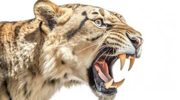 cerca arriba de dientes de sable Tigre smilodon en un blanco antecedentes. generativo ai foto