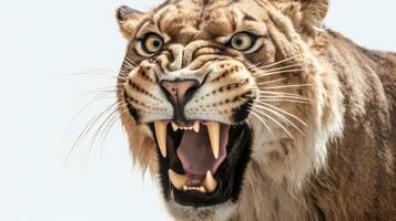 cerca arriba de dientes de sable Tigre smilodon en un blanco antecedentes. generativo ai foto