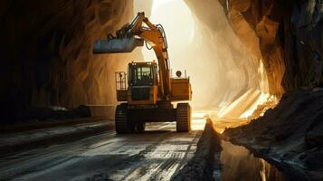 túnel excavador a perforar un la carretera mediante el montañas. la carretera construcción. generativo ai foto