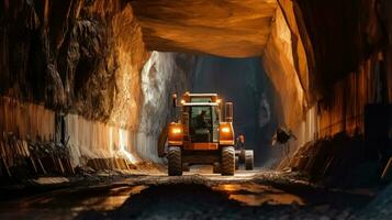 túnel excavador a perforar un la carretera mediante el montañas. la carretera construcción. generativo ai foto