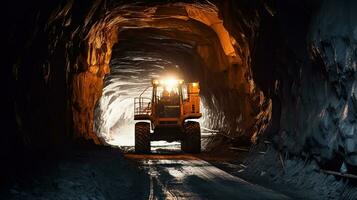 túnel excavador a perforar un la carretera mediante el montañas. la carretera construcción. generativo ai foto