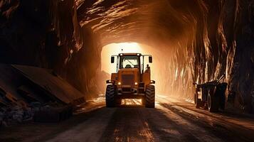 túnel excavador a perforar un la carretera mediante el montañas. la carretera construcción. generativo ai foto